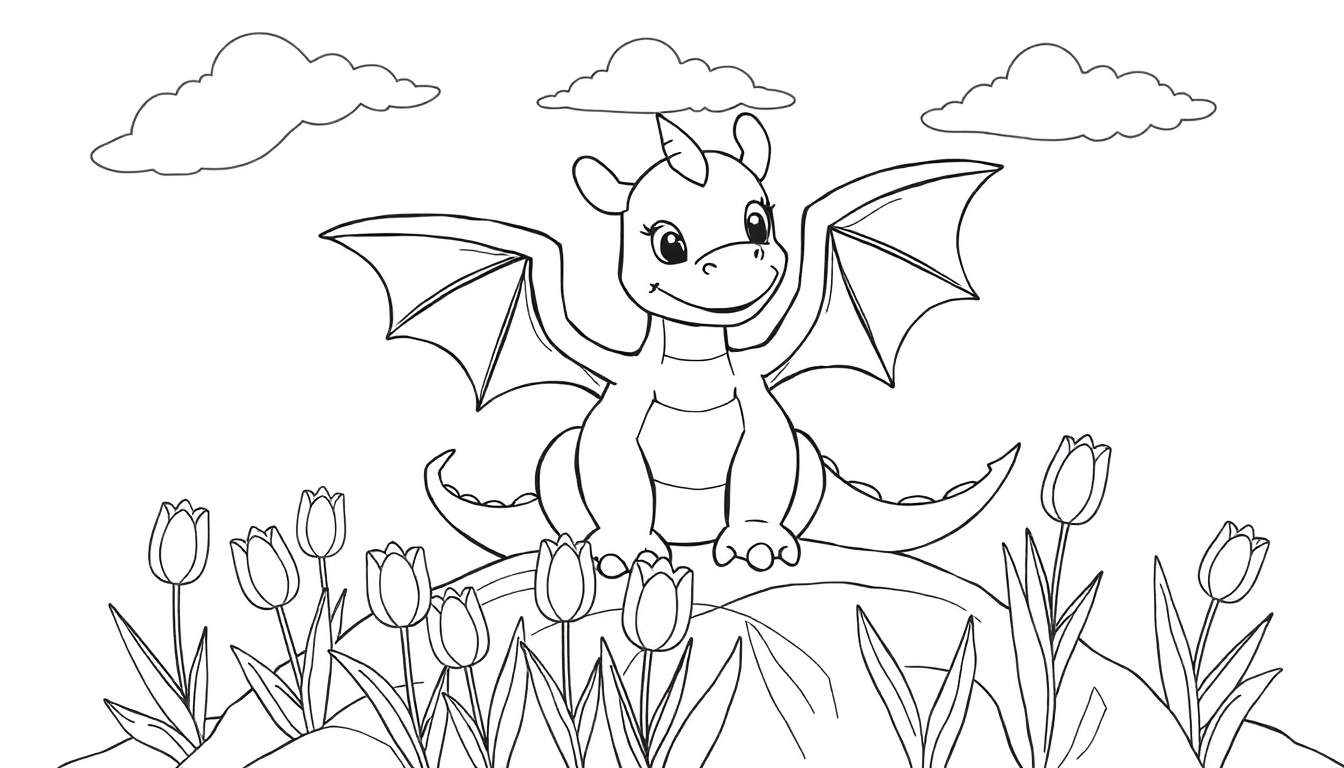 Un dragon de dessin animé mignon assis sur une colline avec des tulipes et des nuages, prêt pour un color panel.
