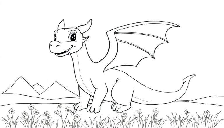 Un dragon de dessin animé souriant avec des ailes et des cornes dans un pré fleuri avec des montagnes en arrière-plan. Un color panel virtuel.