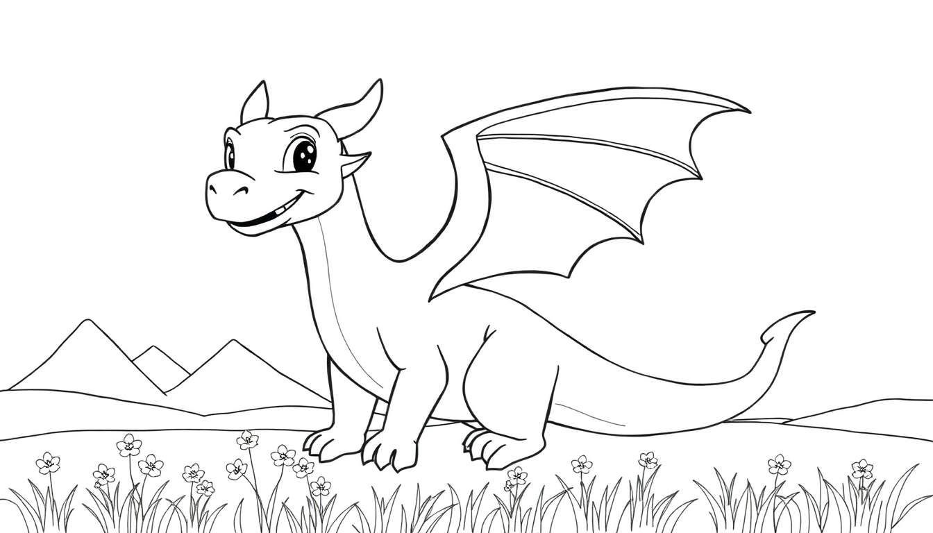 Un dragon de dessin animé souriant avec des ailes et des cornes dans un pré fleuri avec des montagnes en arrière-plan. Un color panel virtuel.