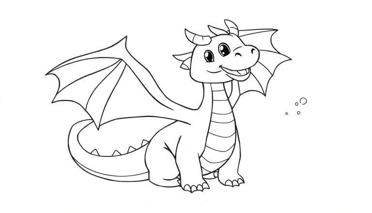 Un dragon de dessin animé souriant avec des anneaux, des ailes déployées et des bulles.