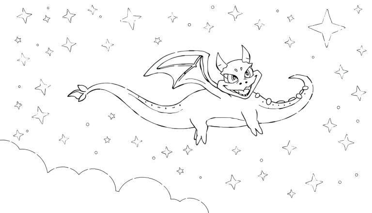 Dessin au trait d'un dragon espiègle volant dans le ciel nocturne, avec des étoiles, des nuages et des éléments de color panel.