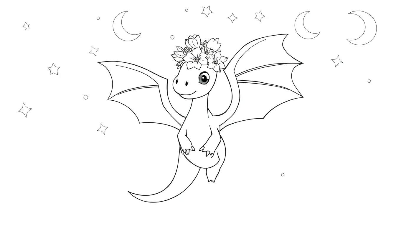 Dessin d'un dragon mignon avec une couronne de fleurs, ailes déployées, dans un ciel étoilé.