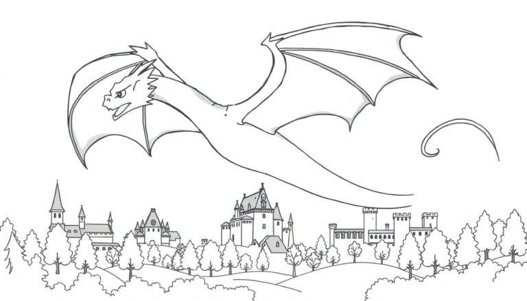 Dessin au trait d'un dragon planant au-dessus d'un paysage de château, avec un color panel.
