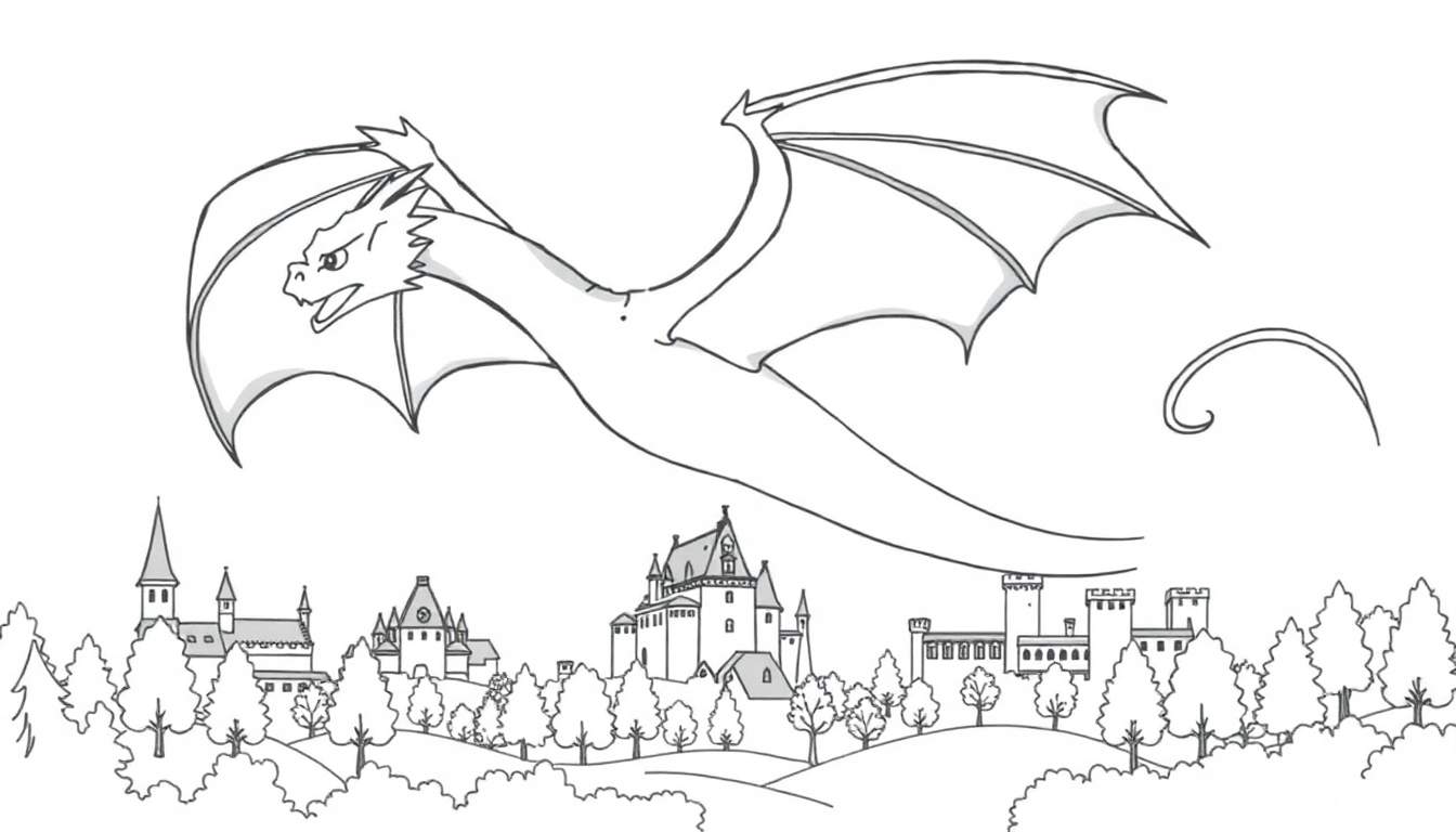Dessin au trait d'un dragon planant au-dessus d'un paysage de château, avec un color panel.