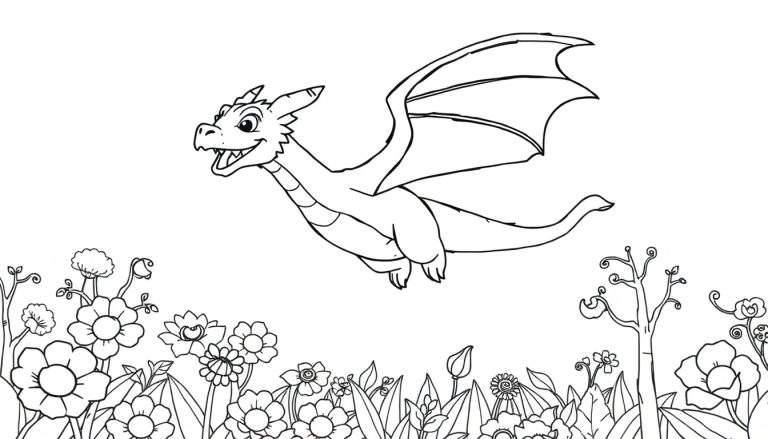 Un dragon de dessin animé vole joyeusement au-dessus d'un champ de fleurs colorées, un dessin au trait adapté aux enfants, parfait pour un color panel.