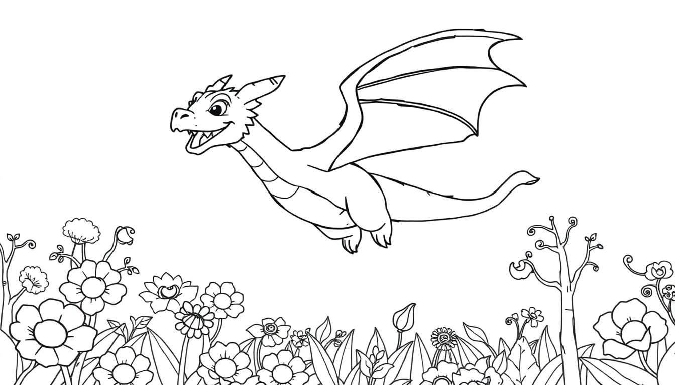 Un dragon de dessin animé vole joyeusement au-dessus d'un champ de fleurs colorées, un dessin au trait adapté aux enfants, parfait pour un color panel.