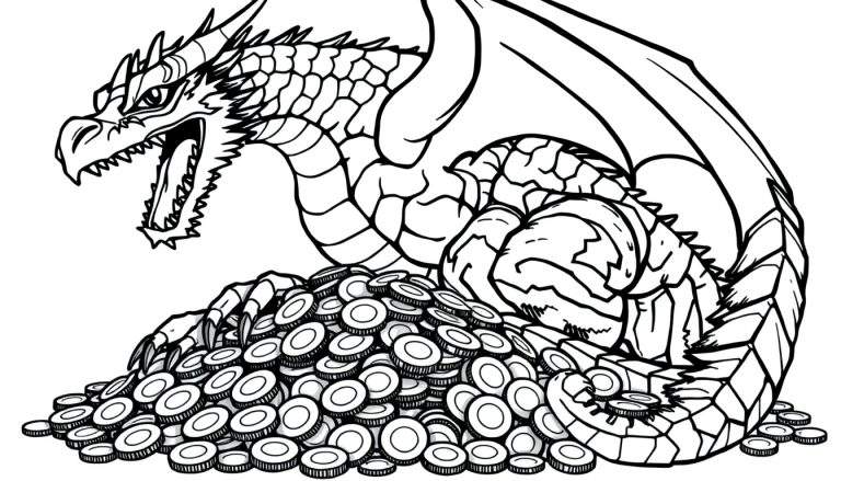 Dessin au trait noir et blanc d'un dragon gardant des pièces de monnaie, prêt pour le coloriage.