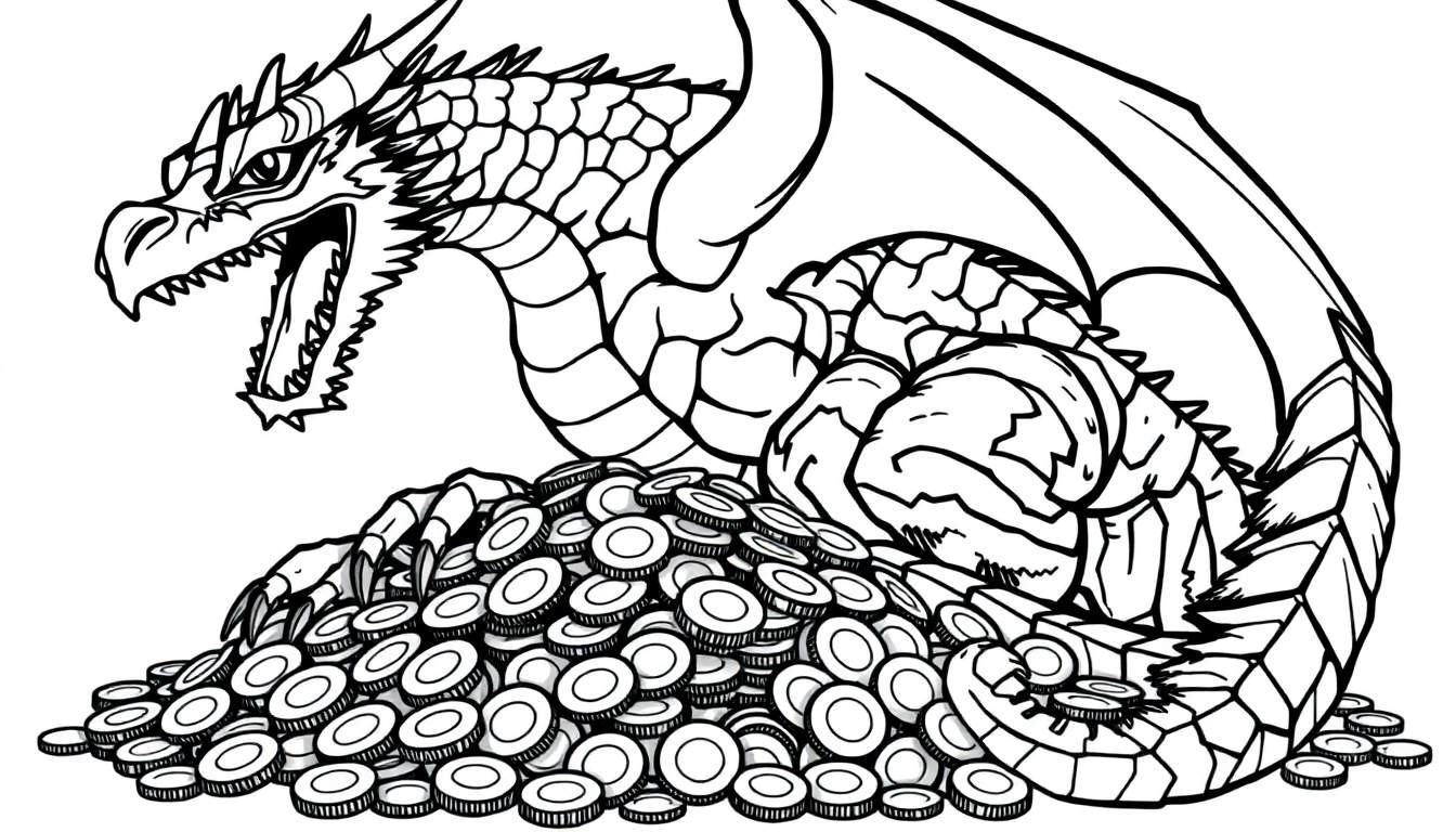 Dessin au trait noir et blanc d'un dragon gardant des pièces de monnaie, prêt pour le coloriage.
