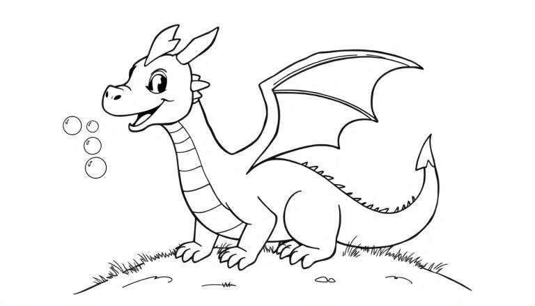 Un adorable dragon de dessin animé soufflant des bulles de savon, prêt à être coloré sur un color panel.