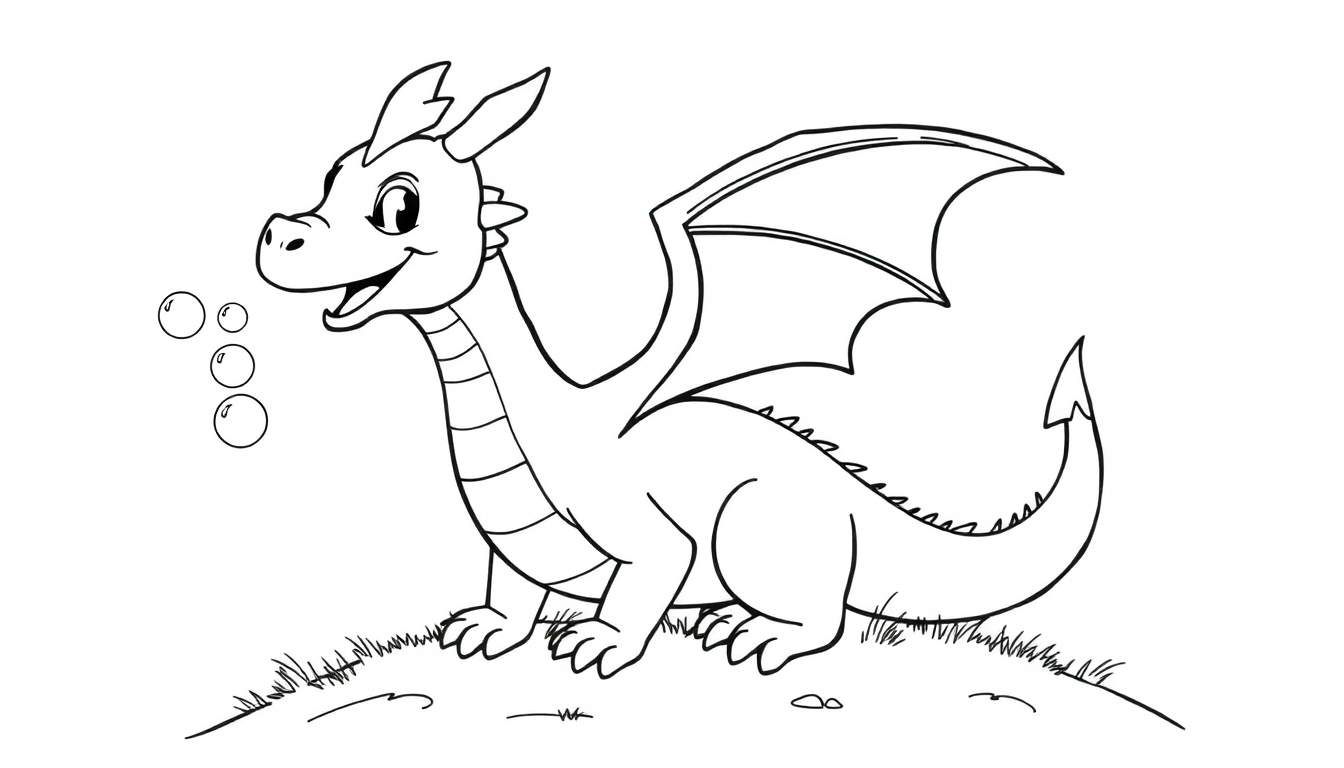 Un adorable dragon de dessin animé soufflant des bulles de savon, prêt à être coloré sur un color panel.