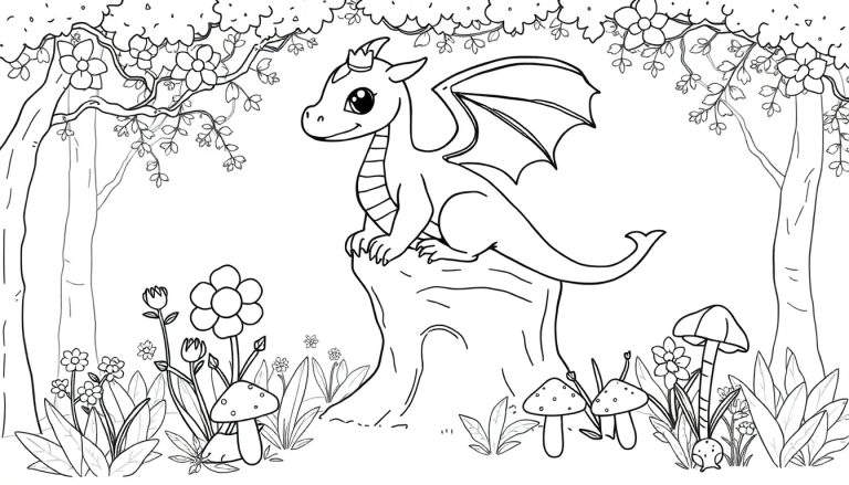 Un dragon de dessin animé assis sur une souche d'arbre, entouré de fleurs et de champignons, dans un style de color panel pour enfants.