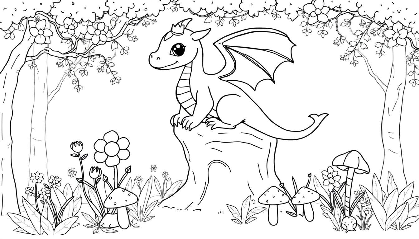 Un dragon de dessin animé assis sur une souche d'arbre, entouré de fleurs et de champignons, dans un style de color panel pour enfants.