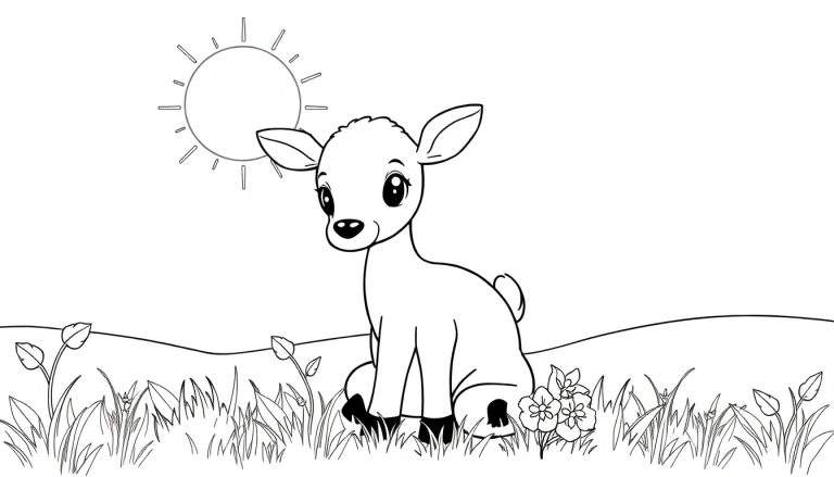 Dessin au trait d'un faon assis dans un champ ensoleillé, parfait pour un color panel.