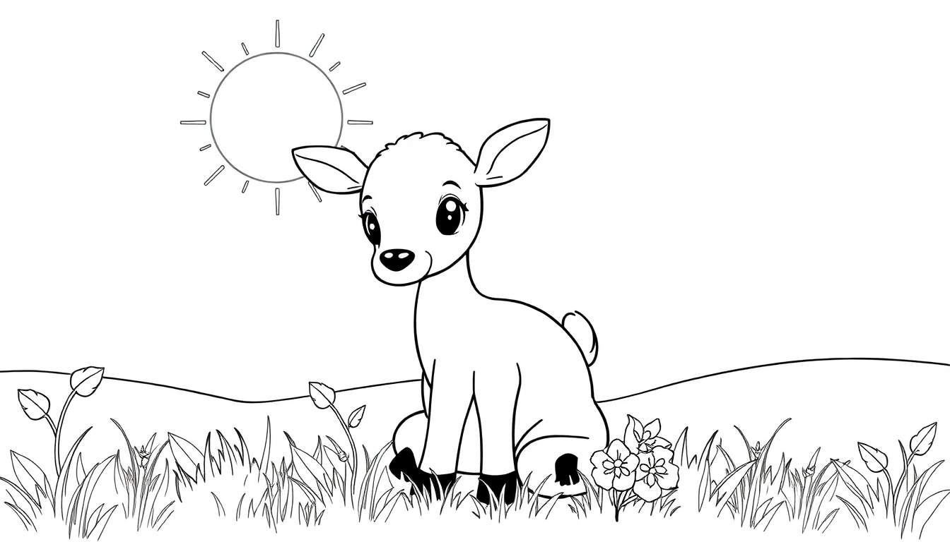 Dessin au trait d'un faon assis dans un champ ensoleillé, parfait pour un color panel.