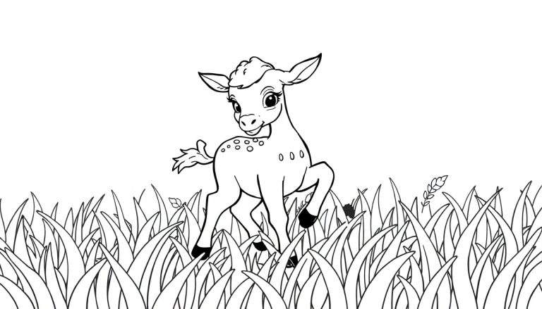 Dessin au trait d'un faon dans un champ d'herbe, prêt à être colorié.