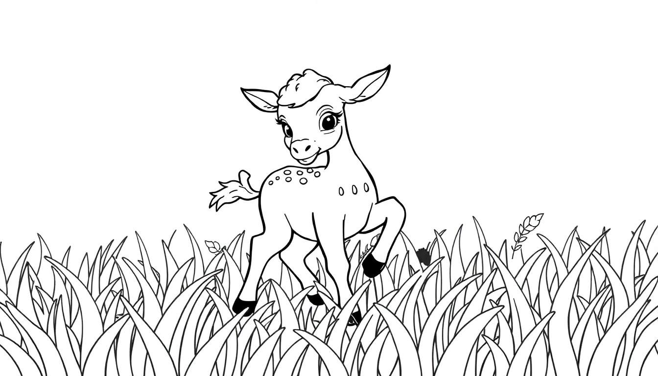 Dessin au trait d'un faon dans un champ d'herbe, prêt à être colorié.