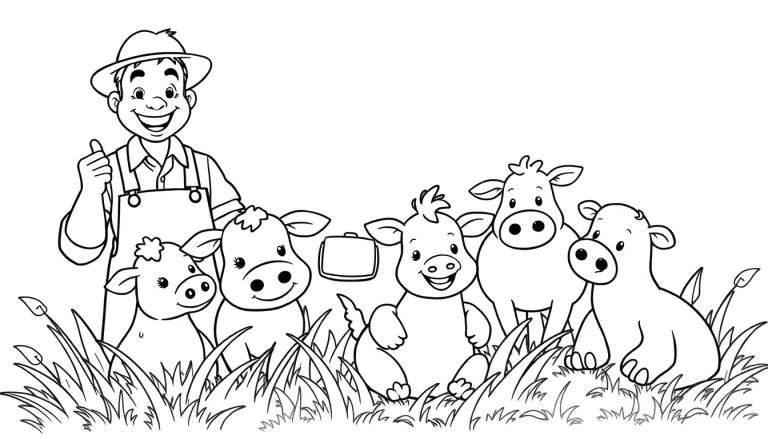 Un fermier souriant avec un pouce levé et cinq veaux joyeux dans l'herbe, dans un color panel.