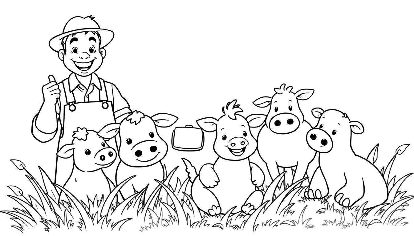Un fermier souriant avec un pouce levé et cinq veaux joyeux dans l'herbe, dans un color panel.