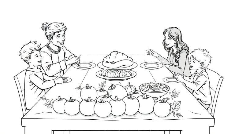Une famille assise à une table décorée de citrouilles, prête pour un repas de fête.