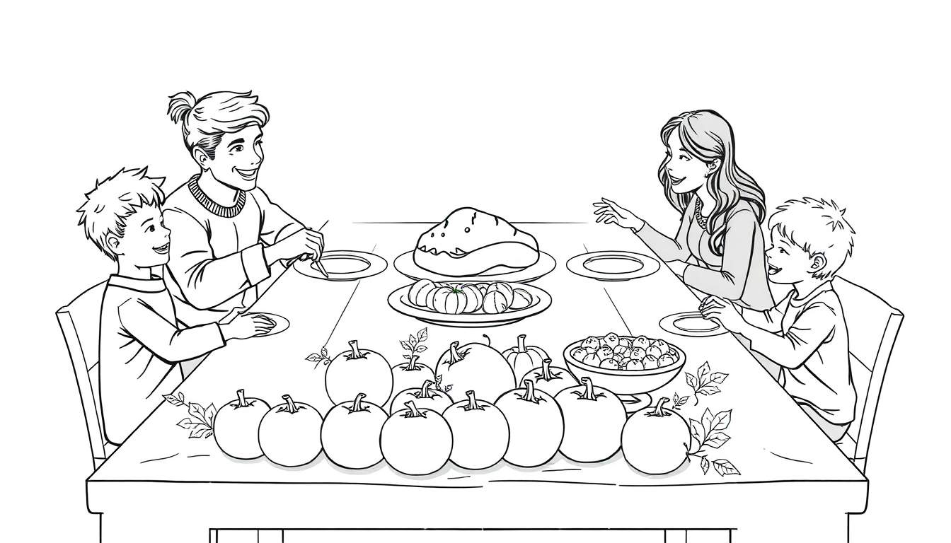 Une famille assise à une table décorée de citrouilles, prête pour un repas de fête.