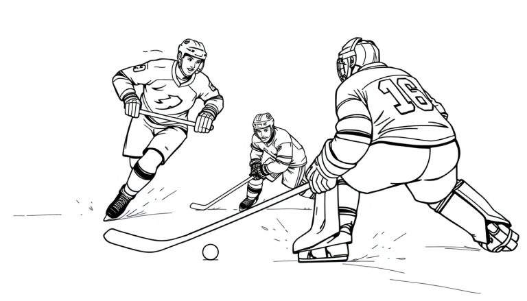 Joueurs de hockey en action sur la glace, un gardien accroupi, avec un color panel de mouvement dynamique.