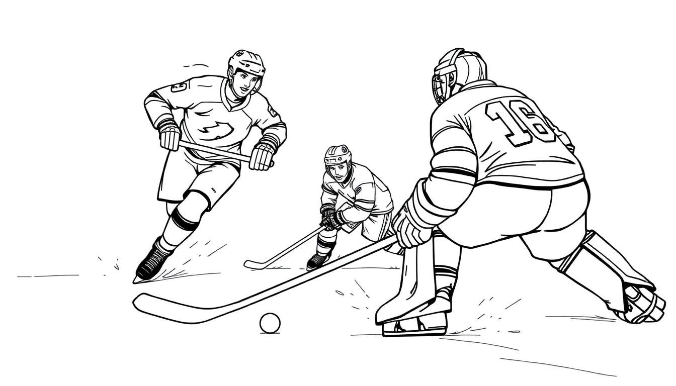 Joueurs de hockey en action sur la glace, un gardien accroupi, avec un color panel de mouvement dynamique.