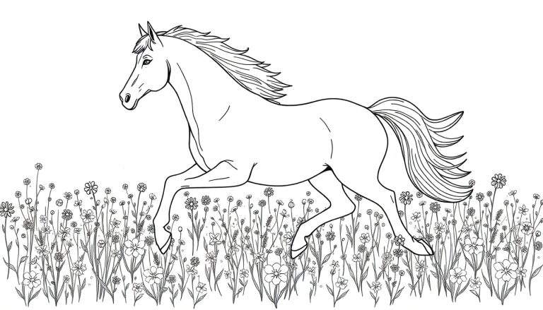 Un dessin au trait d'un cheval galopant dans un champ de fleurs colorées, avec une crinière et une queue ondulantes, le tout dans un style simple et élégant avec un color panel.