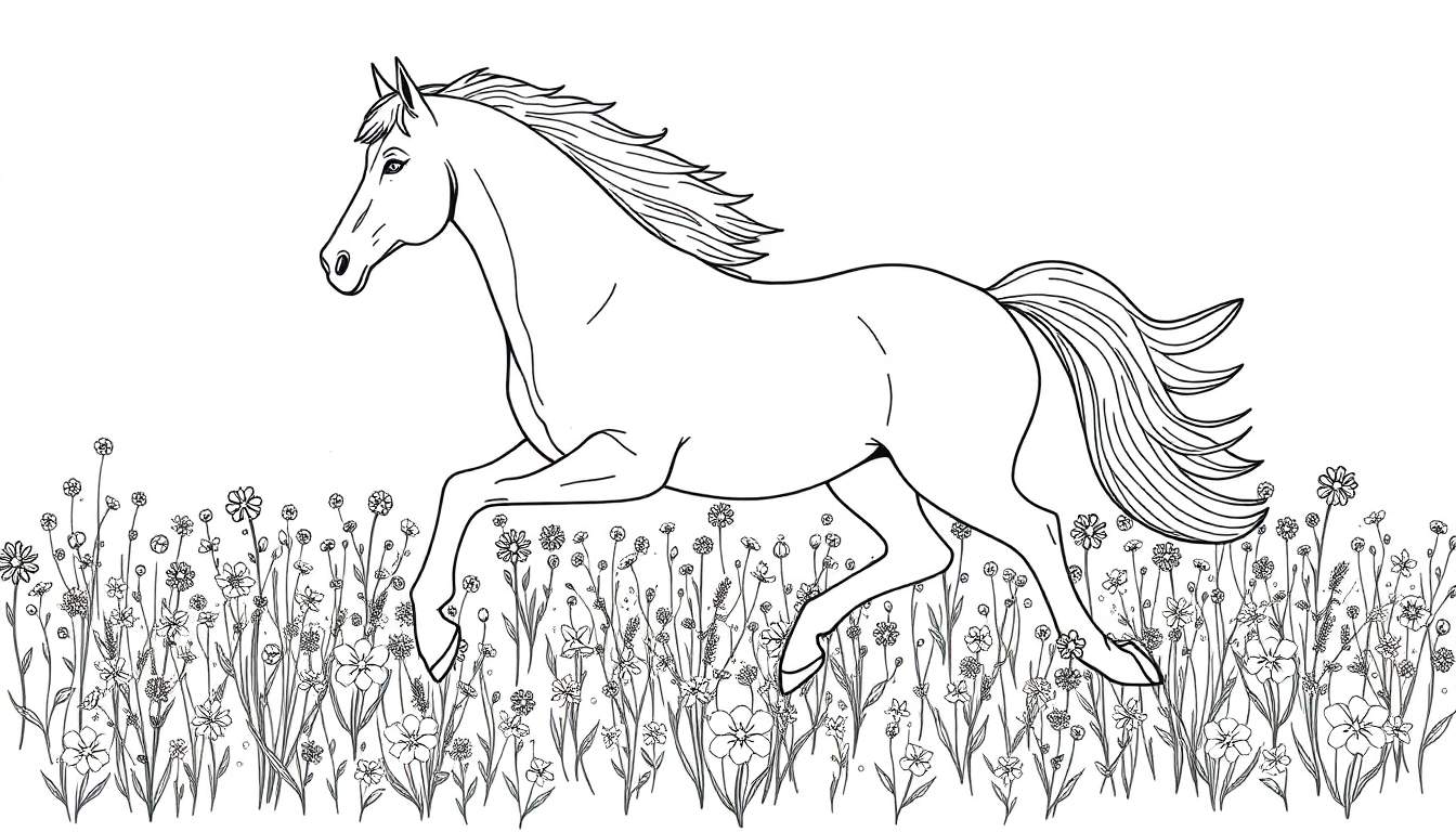 Un dessin au trait d'un cheval galopant dans un champ de fleurs colorées, avec une crinière et une queue ondulantes, le tout dans un style simple et élégant avec un color panel.