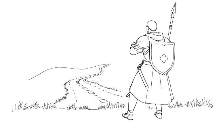 Un guerrier vu de dos avec une armure et une lance, regardant un chemin à travers une prairie.