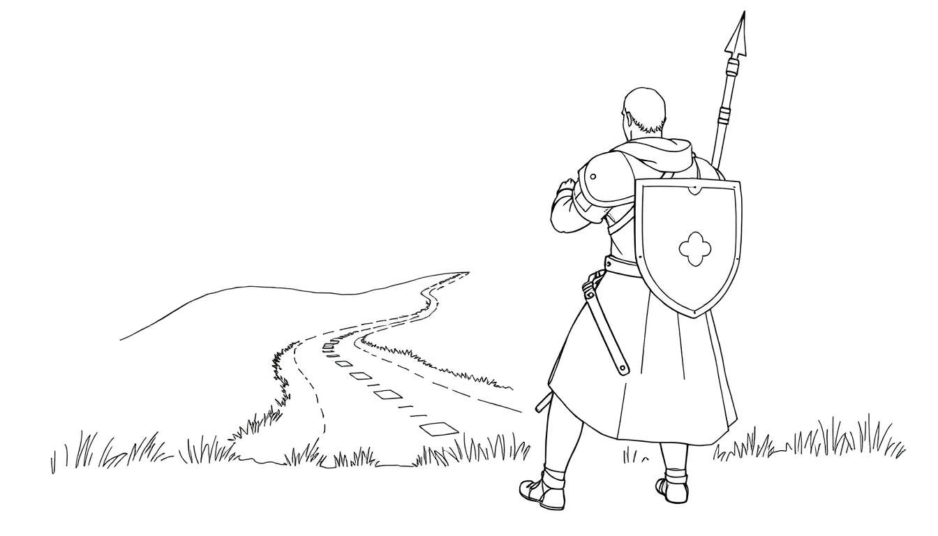 Un guerrier vu de dos avec une armure et une lance, regardant un chemin à travers une prairie.