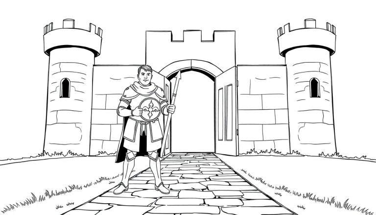 Garde en armure devant un château avec une lance et un bouclier.
