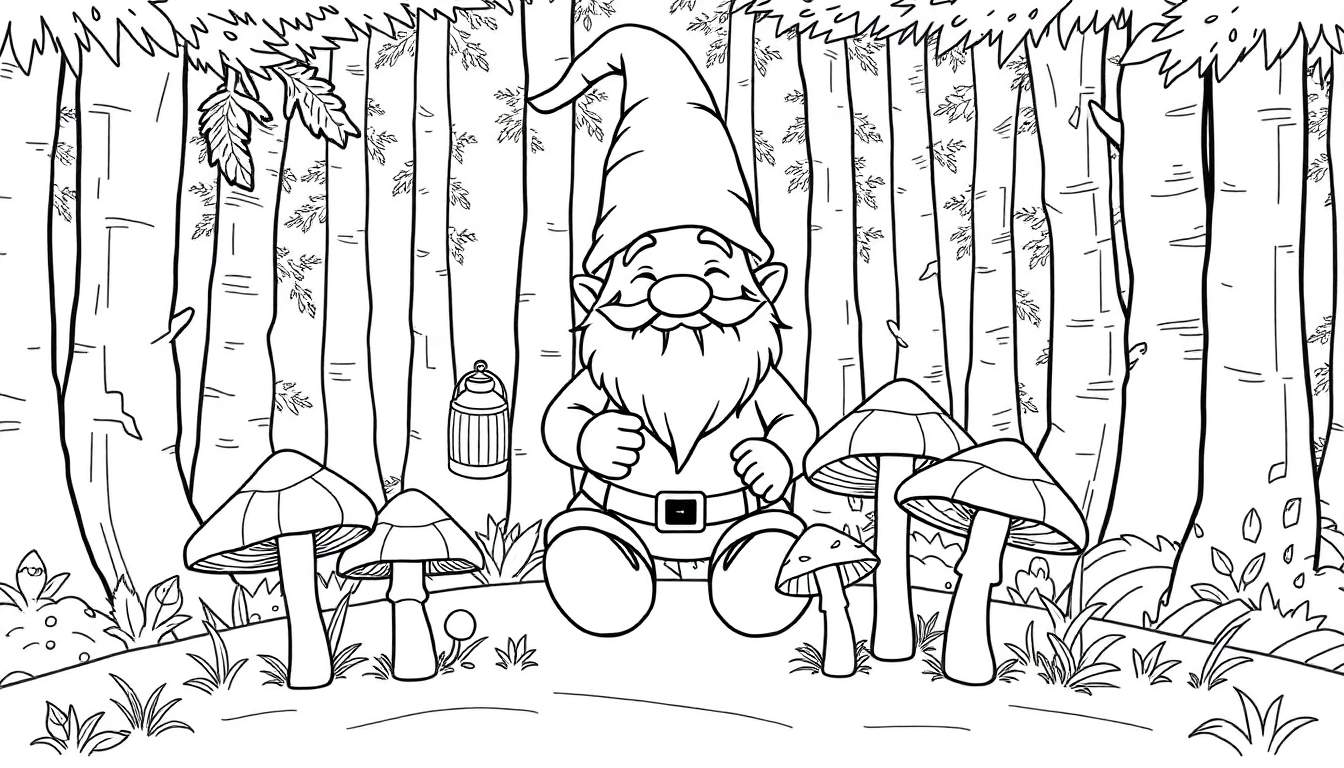 Un gnome souriant dans une forêt avec des champignons et une lanterne.