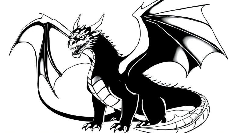 Un dragon noir et blanc assis, les ailes déployées, prêt à être colorisé.