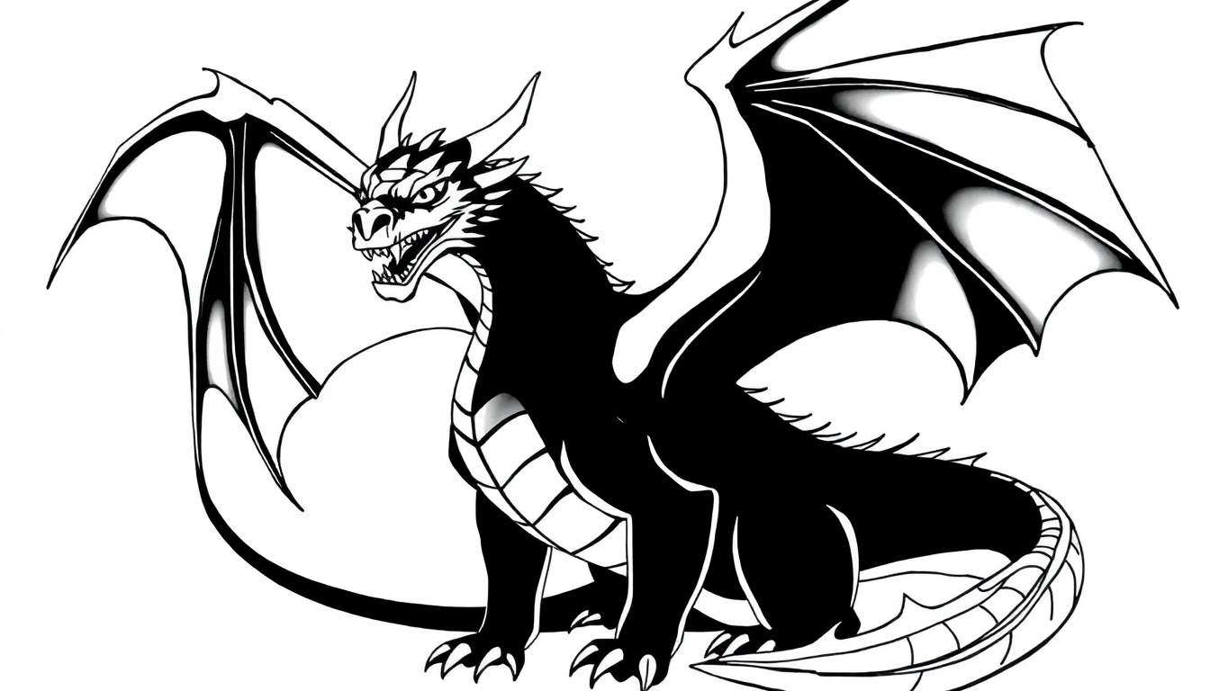 Un dragon noir et blanc assis, les ailes déployées, prêt à être colorisé.