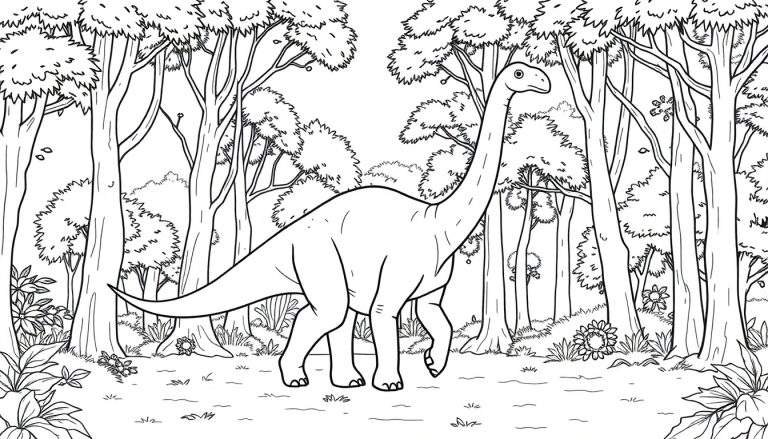 Un dessin au trait d'un dinosaure herbivore à long cou, probablement un Brachiosaurus, marchant dans une forêt dense, prêt pour le color panel.