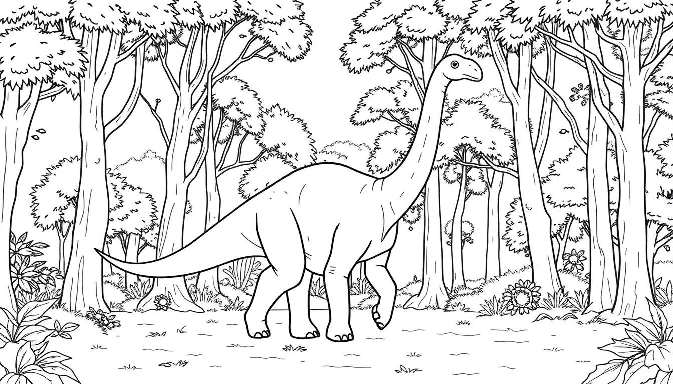 Un dessin au trait d'un dinosaure herbivore à long cou, probablement un Brachiosaurus, marchant dans une forêt dense, prêt pour le color panel.