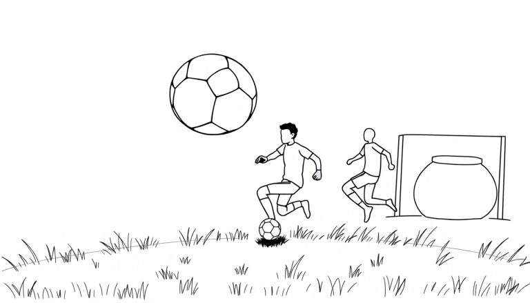 Dessin en noir et blanc de joueurs de football en action, avec un ballon géant dans les airs.