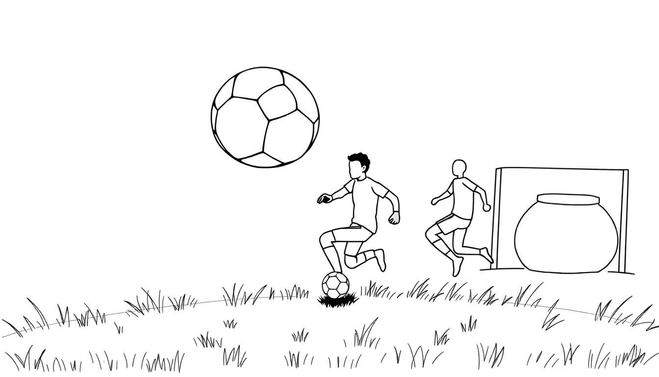 Dessin en noir et blanc de joueurs de football en action, avec un ballon géant dans les airs.
