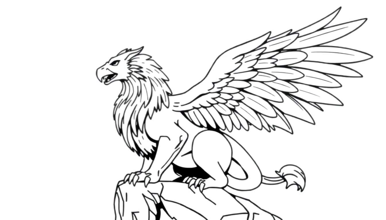 Un dessin au trait d'un griffon perché sur un rocher, prêt à prendre son envol. Ce color panel est idéal pour ajouter des couleurs vives.