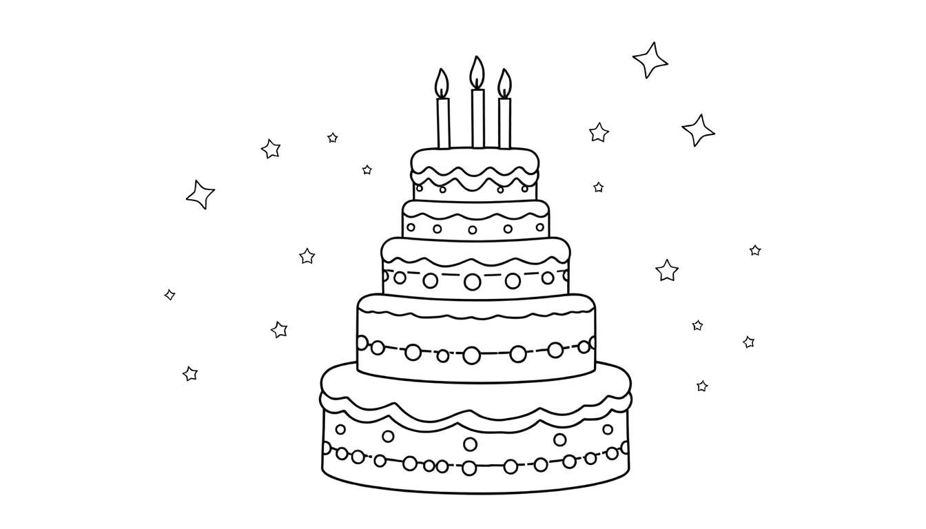 Un magnifique gâteau d'anniversaire à plusieurs étages, prêt à être colorisé avec des étoiles festives et trois bougies sur le dessus, parfait pour un color panel.