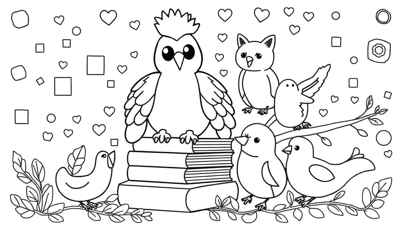 Un hibou sur des livres entouré d'oiseaux et de formes colorées, prêt à être colorié sur ce color panel.