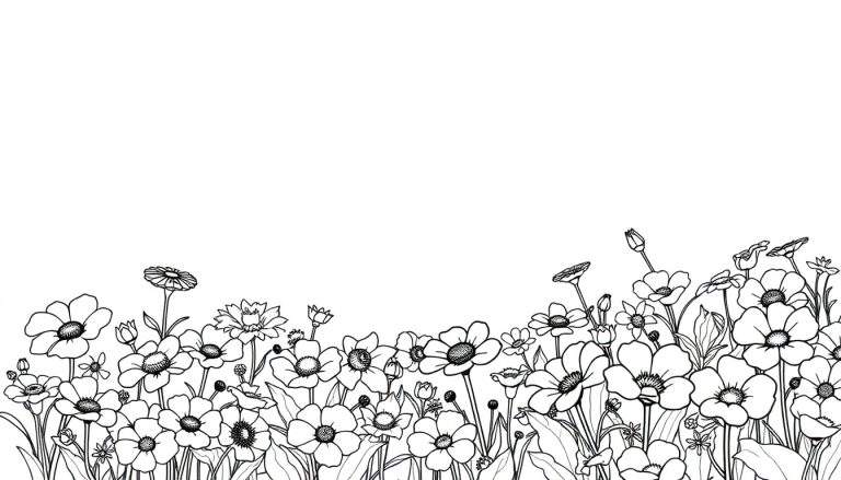 Un hérisson noir et blanc cherchant des couleurs dans un champ de fleurs dessinées à l'encre.
