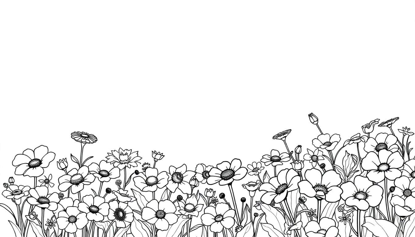 Un hérisson noir et blanc cherchant des couleurs dans un champ de fleurs dessinées à l'encre.