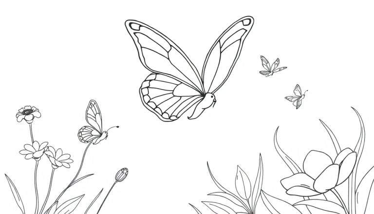 Dessin au trait d'un jardin avec des papillons et des fleurs, idéal pour le color panel.