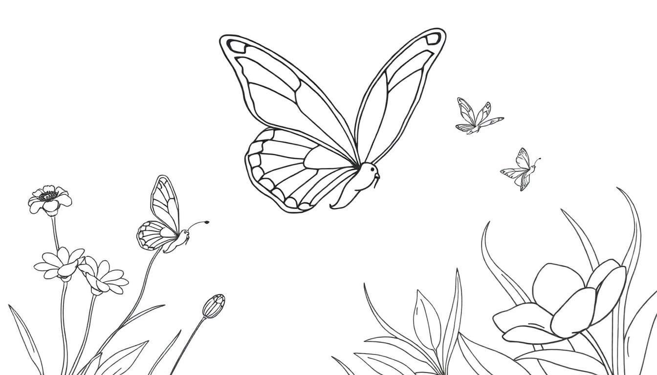 Dessin au trait d'un jardin avec des papillons et des fleurs, idéal pour le color panel.