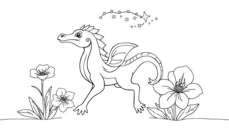 Dragon de dessin animé mignon dans un jardin fleuri, avec des étoiles scintillantes au-dessus.