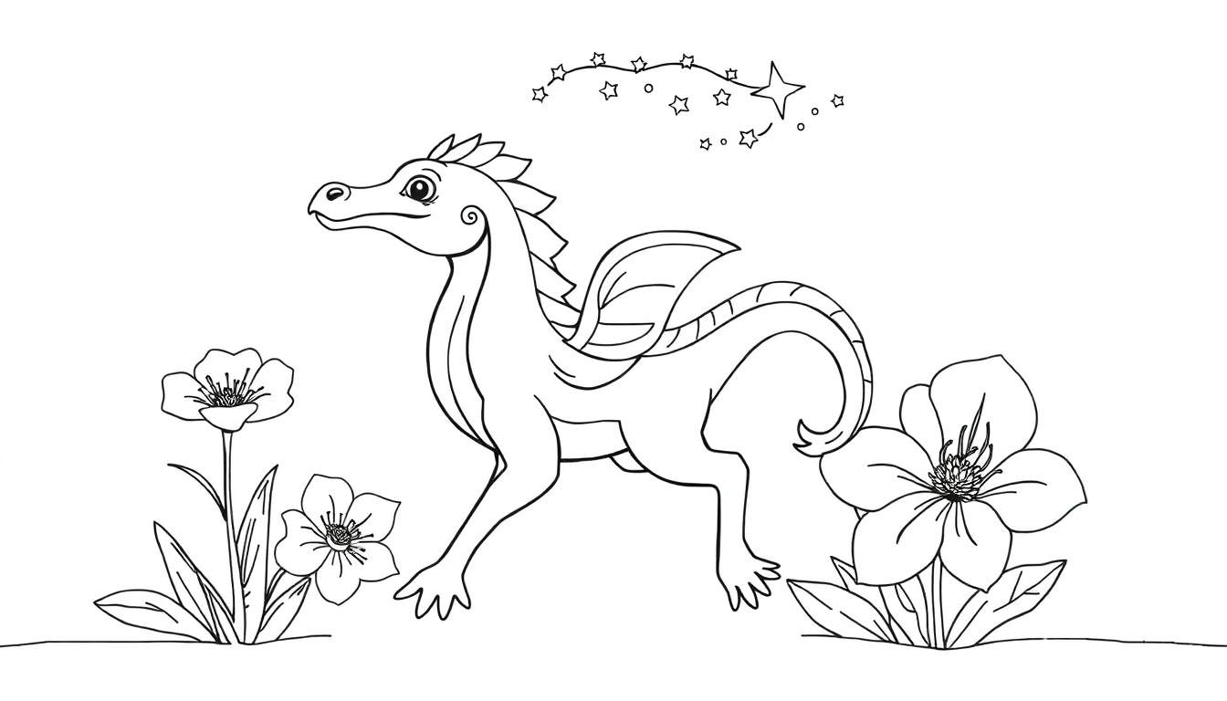 Dragon de dessin animé mignon dans un jardin fleuri, avec des étoiles scintillantes au-dessus.