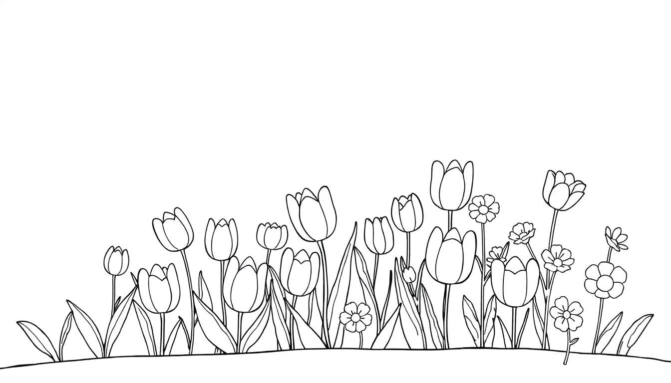 Un dessin au trait minimaliste d'un champ de tulipes colorées avec des fleurs aux pétales ronds sur le côté, un véritable color panel printanier.