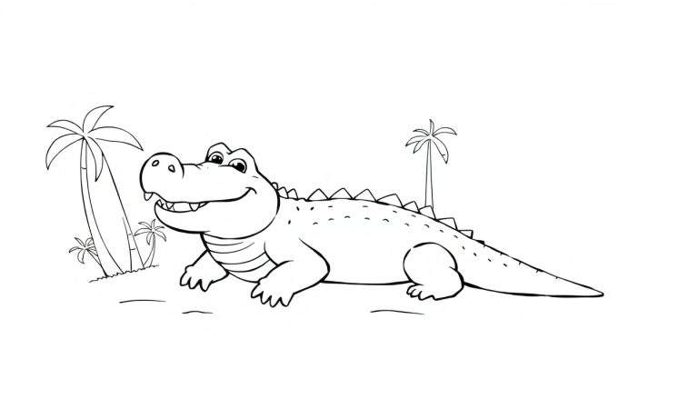 Un dessin au trait d'un alligator souriant et potelé alangui sur le sol avec des palmiers en arrière-plan, parfait pour un color panel.