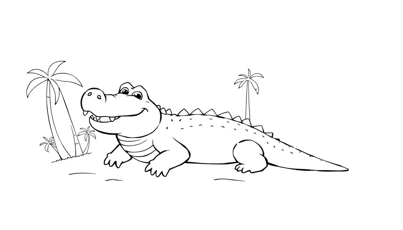 Un dessin au trait d'un alligator souriant et potelé alangui sur le sol avec des palmiers en arrière-plan, parfait pour un color panel.